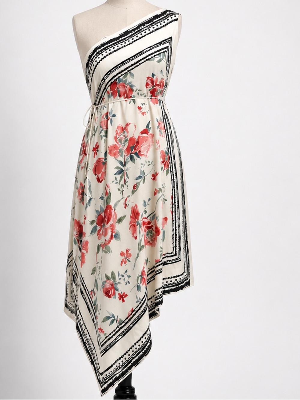 Zara Cream One-Shoulder Floral Handkerchief Hem Dress with Red Flowers
